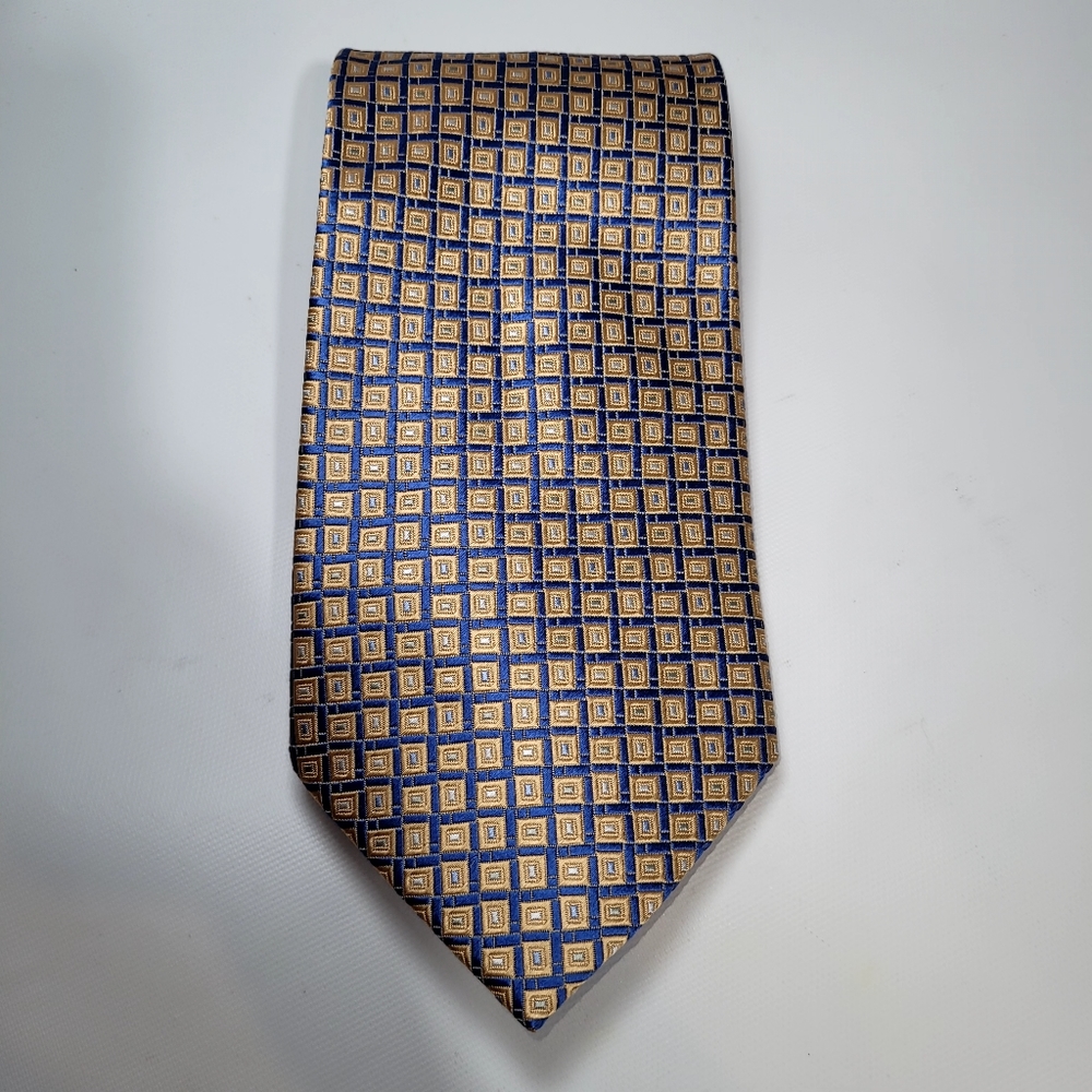 BURMA BIBAS Mens 100% Silk Print Tie. Blue/Gold